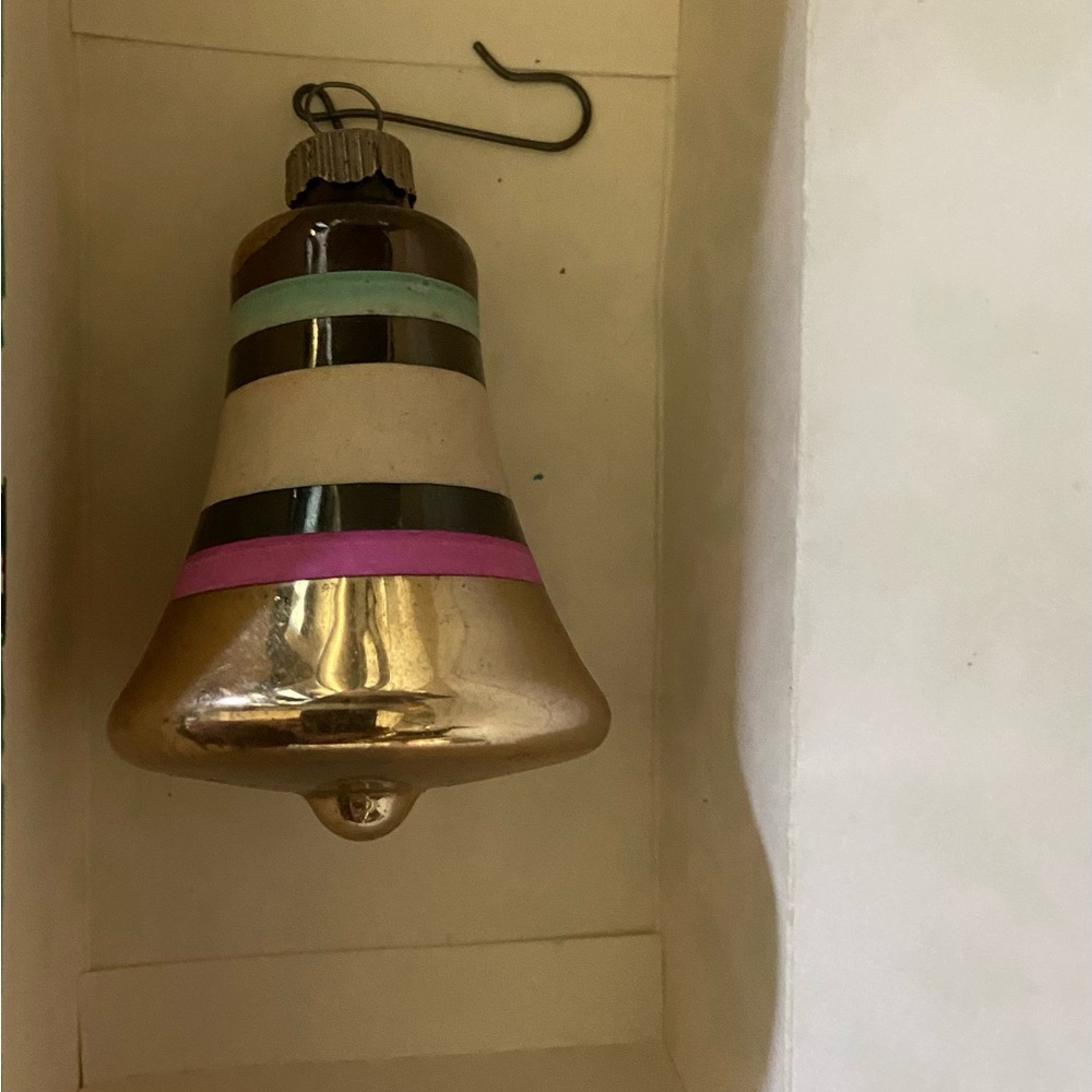 Vintage Christmas Striped Bell Shiny Bright Ornament MCM 60s 1960s green purple